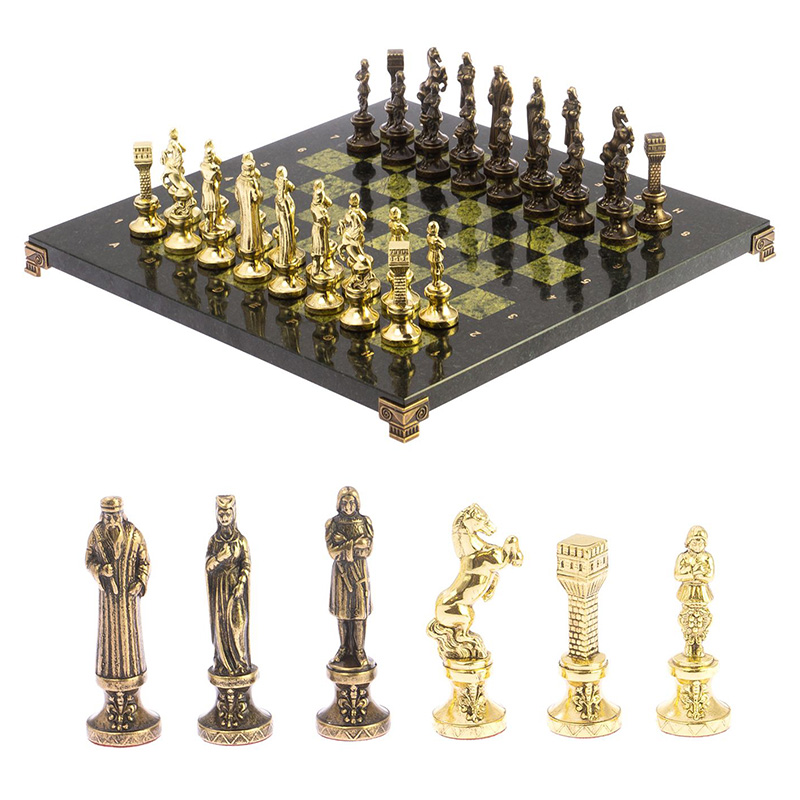 Шахматы Ренессанс из бронзы с доской из натурального камня Змеевик Decorative Thematic Chess  Золотой Бронза Черный Зеленый в Екатеринбурге | Loft Concept 