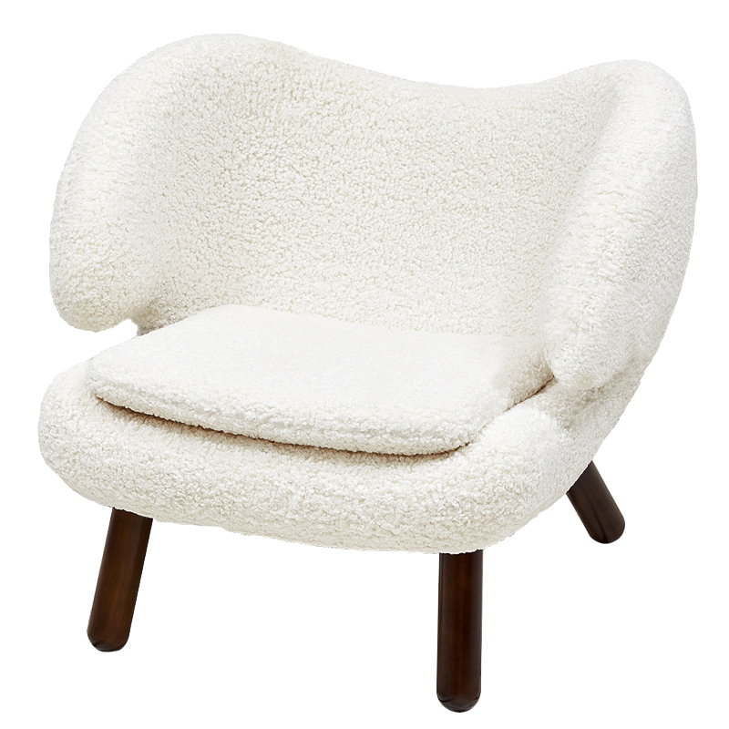 Кресло из белой ткани букле с ножками из массива ясеня Boucle Caldwell White Armchair Белый Коричневый в Екатеринбурге | Loft Concept 