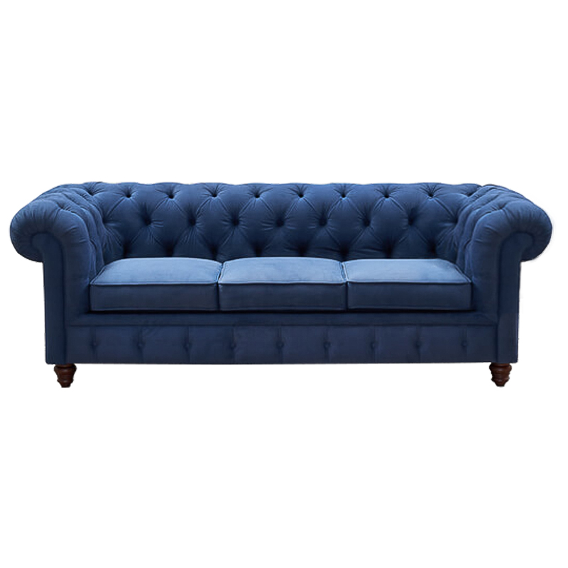 Диван Mini Kensington Sofa triple blue velor Сапфирово-синий Коричневый в Екатеринбурге | Loft Concept 