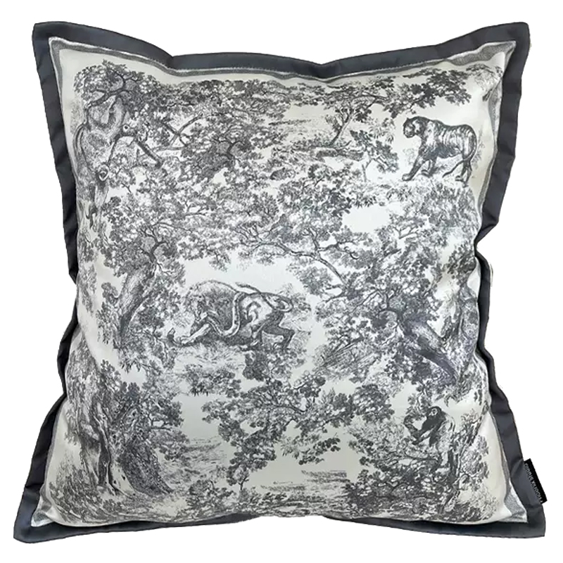 Декоративная подушка стиль Dior Toile de Jouy Fauna Pillow Серый Черный в Екатеринбурге | Loft Concept 