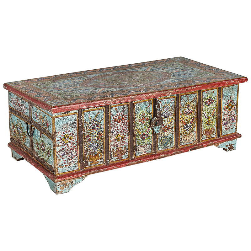 Сундук ручная роспись Pran Antique Indian Painted Chest Мульти Бирюзовый Красный в Екатеринбурге | Loft Concept 