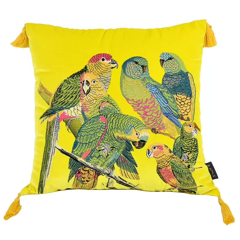 Декоративная подушка с вышивкой Embroidery Parrots Pillow Yellow Желтый Мульти в Екатеринбурге | Loft Concept 