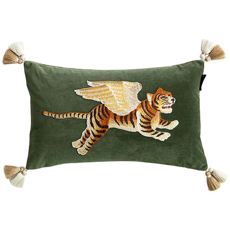 Декоративная подушка с вышивкой Стиль Gucci Winged Tiger Cushion Зеленый Оранжевый Золотой в Екатеринбурге | Loft Concept 