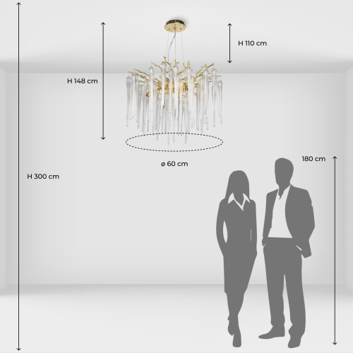 Люстра золотого цвета с декоративными ветками и длинными прозрачными стеклянными подвесами в форме сосулек Droplet Chandelier в Екатеринбурге