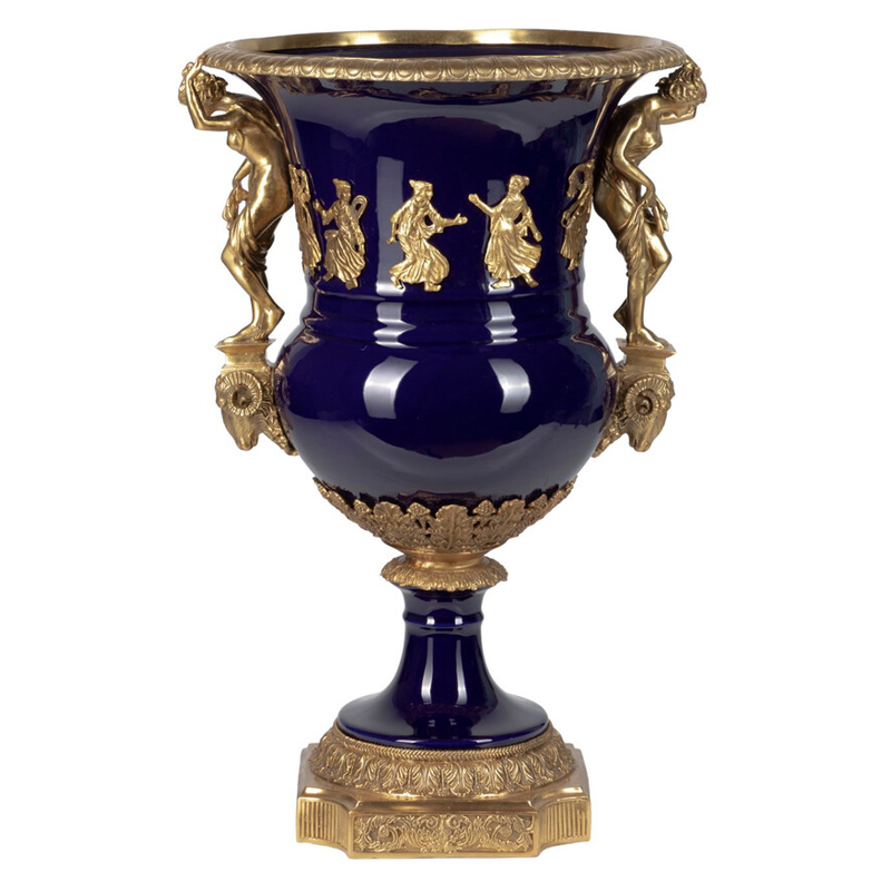 Ваза темно-синего цвета из фарфора с бронзовыми ручками в виде фигур Eden Garden porcelain and bronze Темно-синий Бронза в Екатеринбурге | Loft Concept 