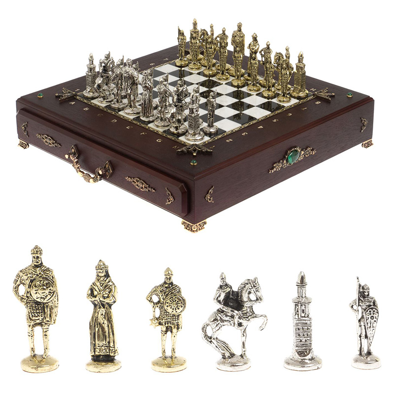 Шахматы в ларце из натуральных камней Долерит Малахит Мрамор Decorative Thematic Chess Русь Серебряный Золотой Черный Белый Коричневый Малахит в Екатеринбурге | Loft Concept 