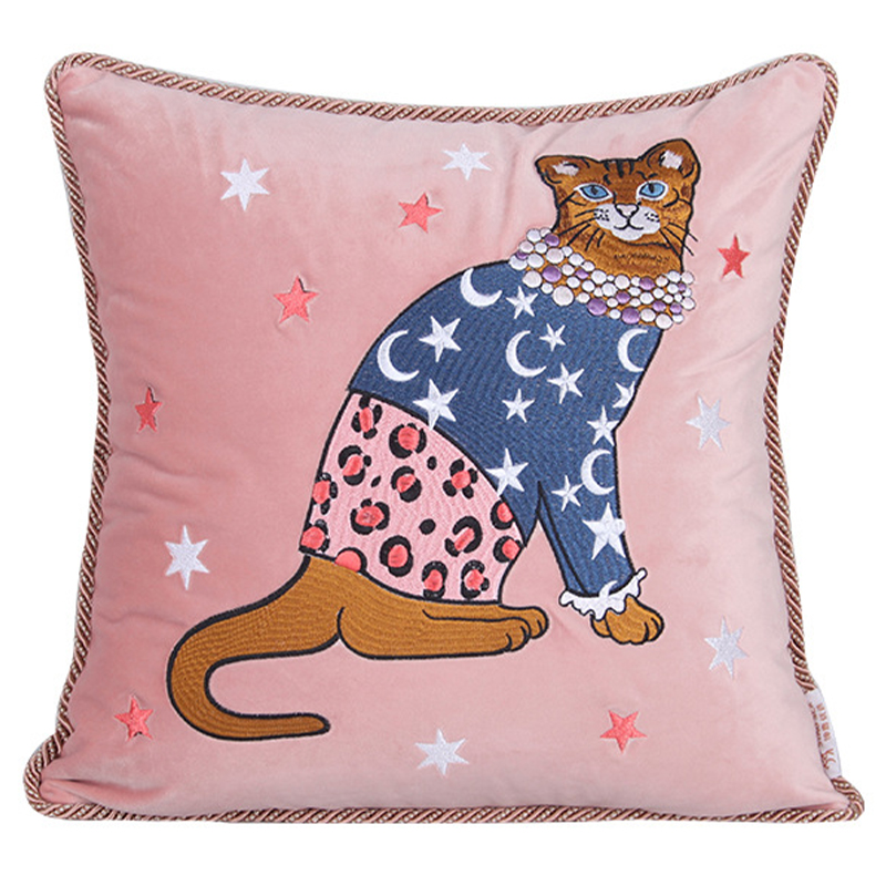 Декоративная подушка с вышивкой Magic Cat Embroidery Cushion Розовый Синий Оранжевый Мульти в Екатеринбурге | Loft Concept 