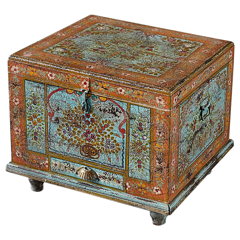 Сундук ручная роспись Harsh Antique Indian Painted Chest Мульти Бирюзовый Оранжевый в Екатеринбурге | Loft Concept 