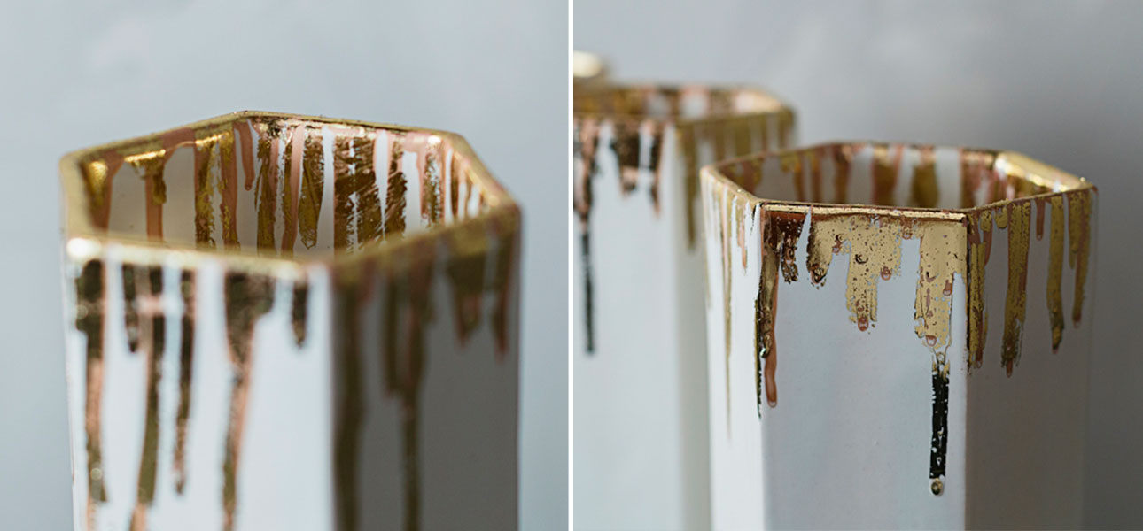 Ваза Шестигранник с золотыми подтеками белая - фото