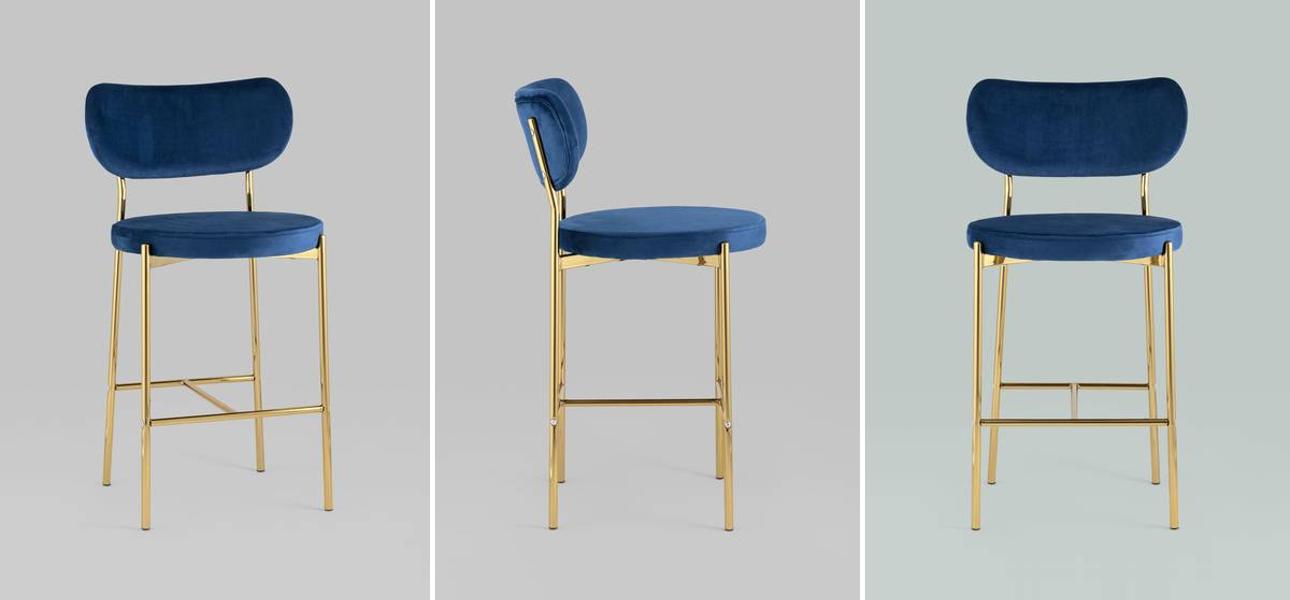 Барный Стул Alfie Chair Золотые ножки Синий Велюр - фото
