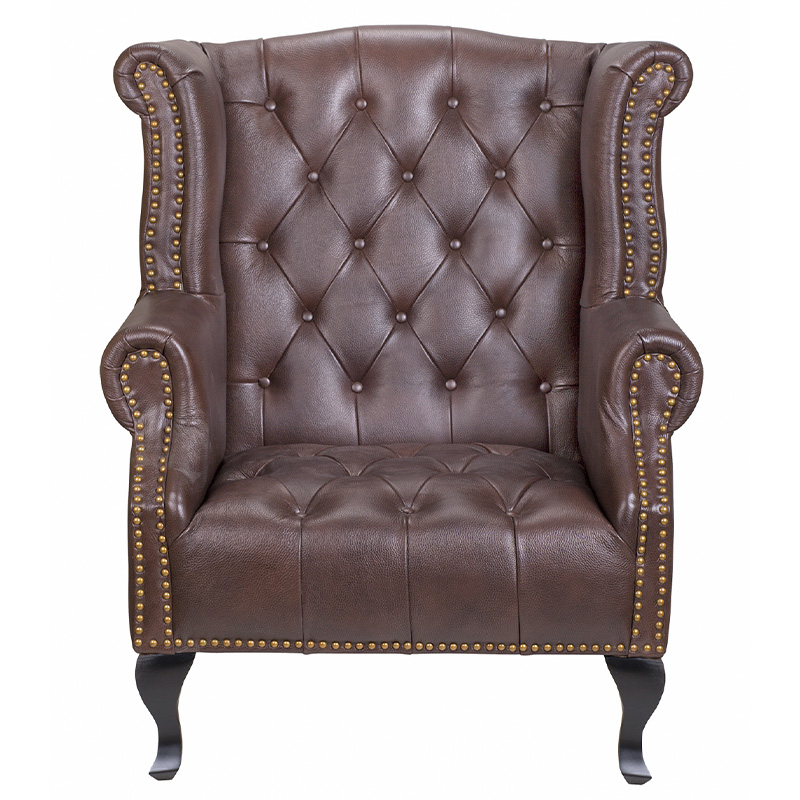 Кресло из натуральной кожи на 4-х деревянных ножках из массива бука Thomas Armchair brown Коричневый Черный в Екатеринбурге | Loft Concept 