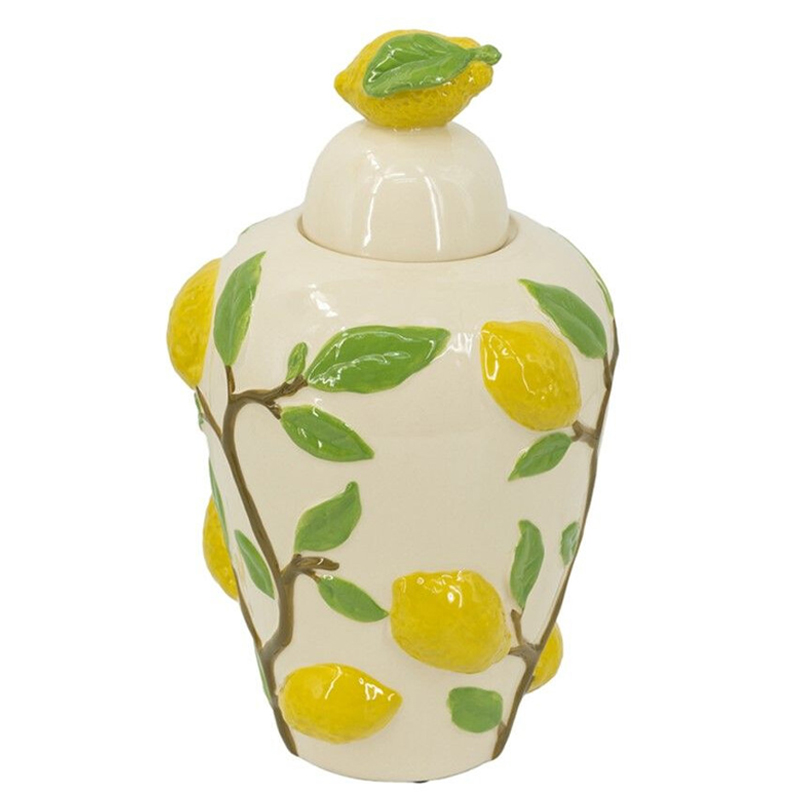 Ваза с крышкой кремового цвета и объемным рисунком лимонов и листьев Lemon Delight Кремовый Желтый Коричневый Зеленый Ваза с крышкой кремового цвета и объемным рисунком лимонов и листьев Lemon Delight Кремовый Желтый Коричневый Зеленый в Екатеринбурге | Loft Concept