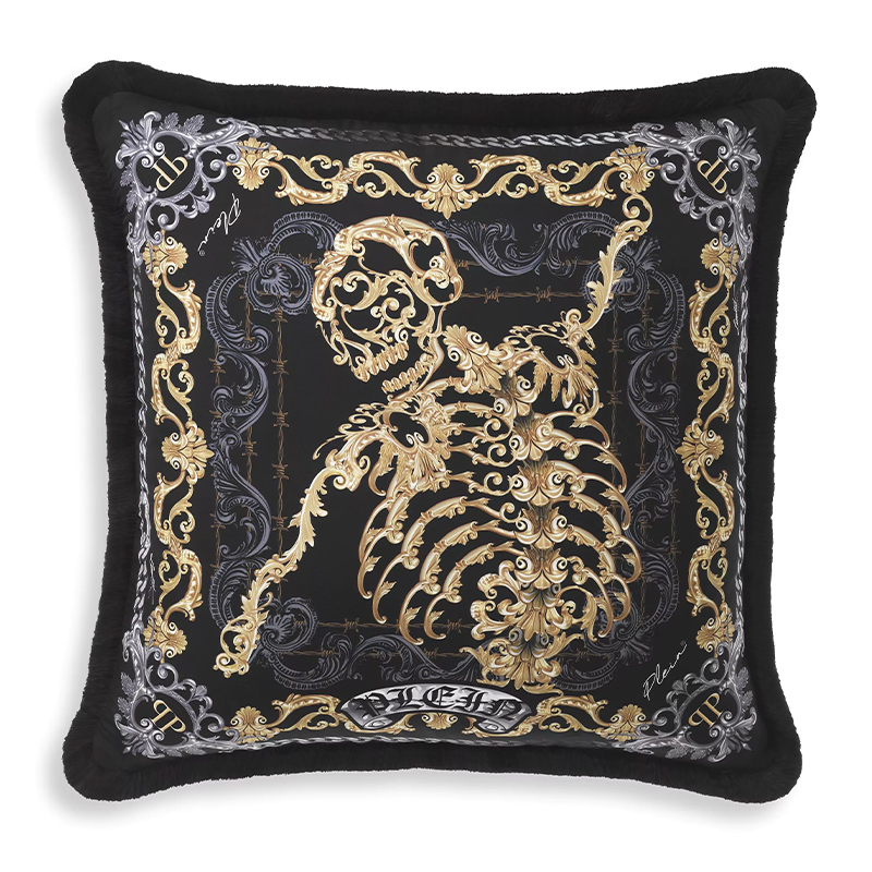 Подушка Philipp Plein Cushion Silk Skeleton 50 x 50 cm Черный Серый Золотой в Екатеринбурге | Loft Concept 