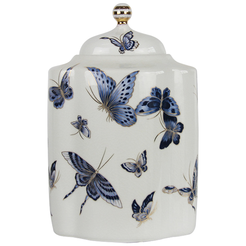 Ваза с крышкой Porcelain Butterfly Blue and Gold Vase Белый Синий Золотой в Екатеринбурге | Loft Concept 