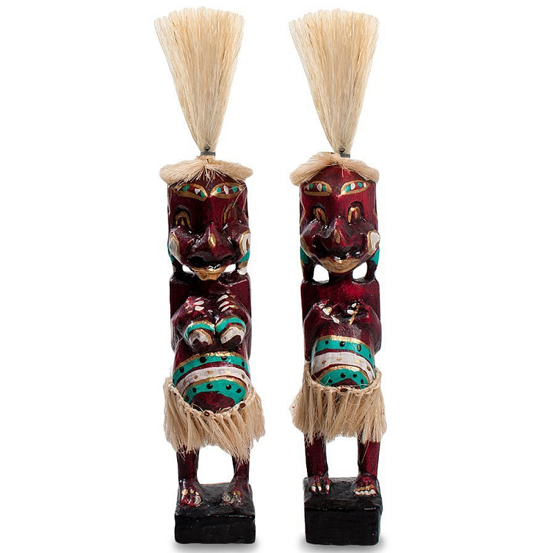 Комплект из 2-х деревянных статуэток Asmat Straw Headdress Statuettes Red Turquoise Tattoo Красный Бежевый Бирюзовый Белый в Екатеринбурге | Loft Concept 