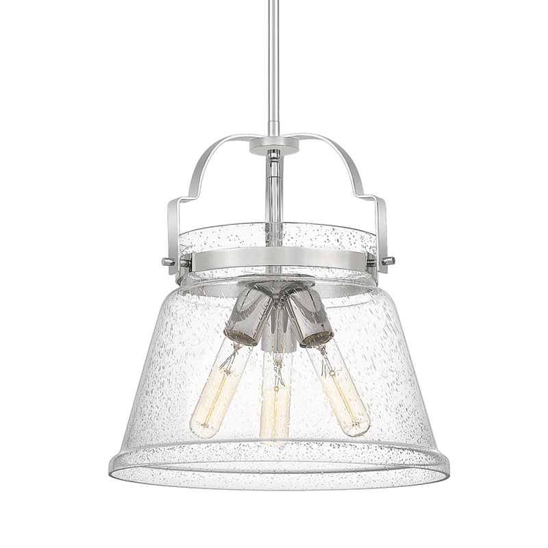 Подвесной светильник с прозрачным стеклянным плафоном в форме колокола с эффектом пузырьков и тремя лампами Quoizel Хром Латунь Прозрачное Стекло в Екатеринбурге | Loft Concept 
