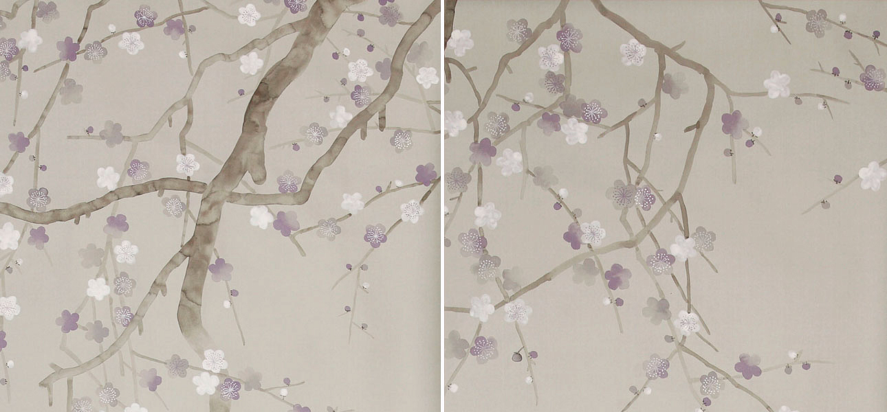 Обои ручная роспись Plum Blossom Special Colourway on Oyster Shell metallic silk Обои ручная роспись Plum Blossom Special Colourway on Oyster Shell metallic silk - Loft-Concept в Екатеринбурге