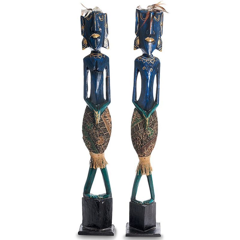 Комплект из 2-х деревянных статуэток Asmat Tall Statuettes Blue Green Синий Зеленый Мульти в Екатеринбурге | Loft Concept 