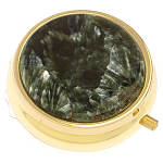 Таблетница карманная круглая с 3-мя отделениями и накладкой из натурального камня Серафинит Gold Stone Pillboxes варинант исполнения - 1 | Loft Concept в Екатеринбурге