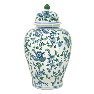 Ваза с крышкой и зелено-голубым цветочным узором на белом фоне Blue & White Ornament