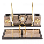 Настольный письменный набор из бежевого мрамора с часами и гербом Marble Accessory варинант исполнения - 1 | Loft Concept в Екатеринбурге