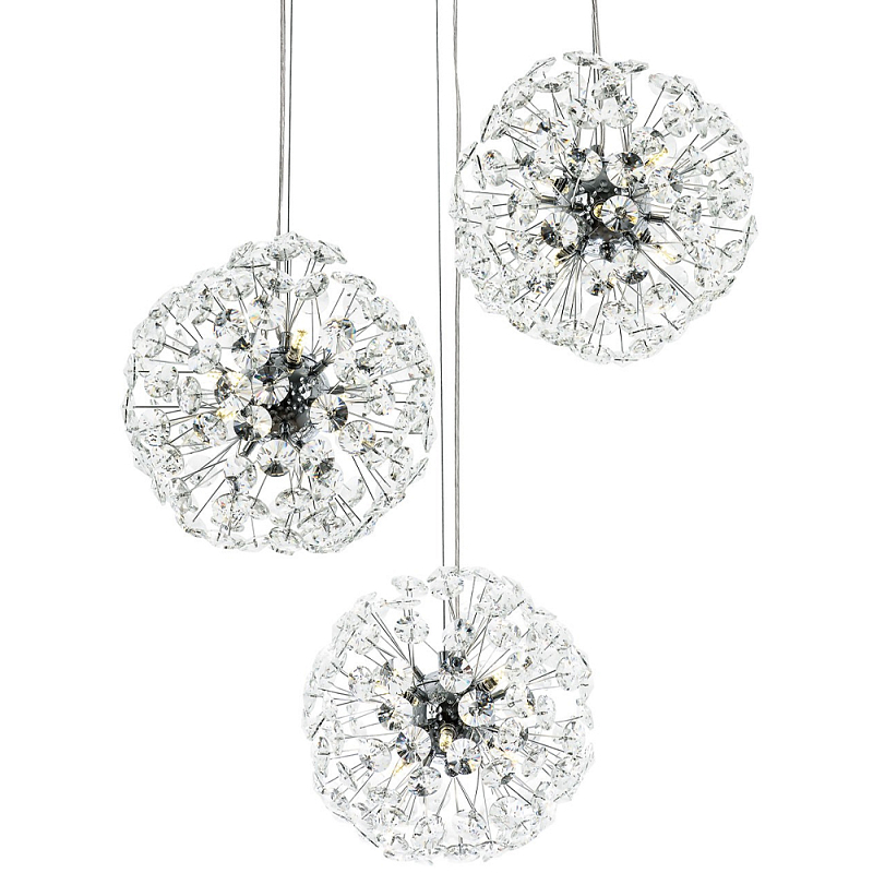 Подвесной светильник с 3-мя плафонами Crystal Dandelions Chrome Hanging Lamp Прозрачный Хром в Екатеринбурге | Loft Concept 