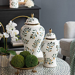 Ваза белая с крышкой с рисунком зеленых и золотых листьев 48 см Chinoiserie Ceramics варинант исполнения - 4 | Loft Concept в Екатеринбурге