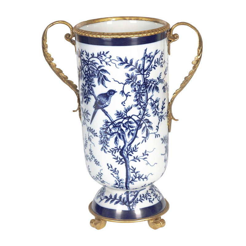Ваза с бронзовыми ручками и синим цветочным узором Blue & White Ornament Синий Белый Бронза в Екатеринбурге | Loft Concept 