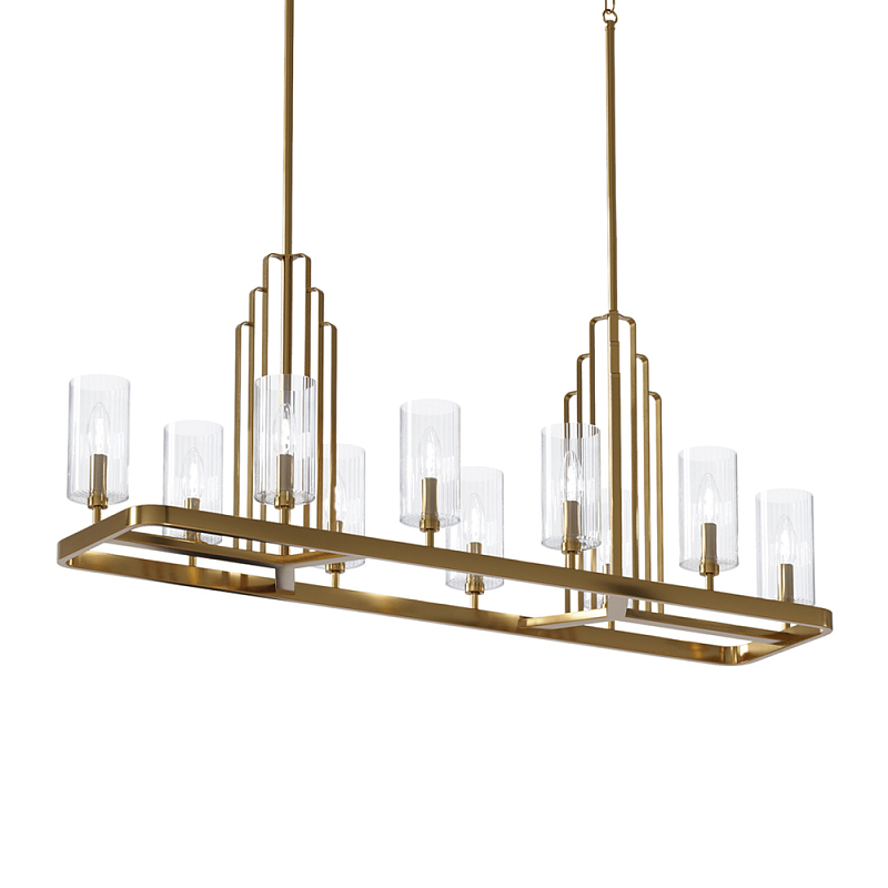 Люстра прямоугольная цвета латунь с прозрачными рифлеными цилиндрическими плафонами Kichler Латунь Прозрачное Стекло Никель в Екатеринбурге | Loft Concept 