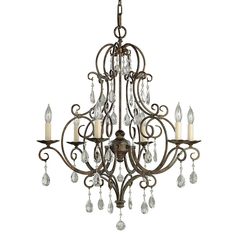 Люстра бронзового цвета с 6-ю лампами и подвесками из оптического стекла в классическом стиле Feiss Бронза Кремовый Прозрачное Стекло в Екатеринбурге | Loft Concept 