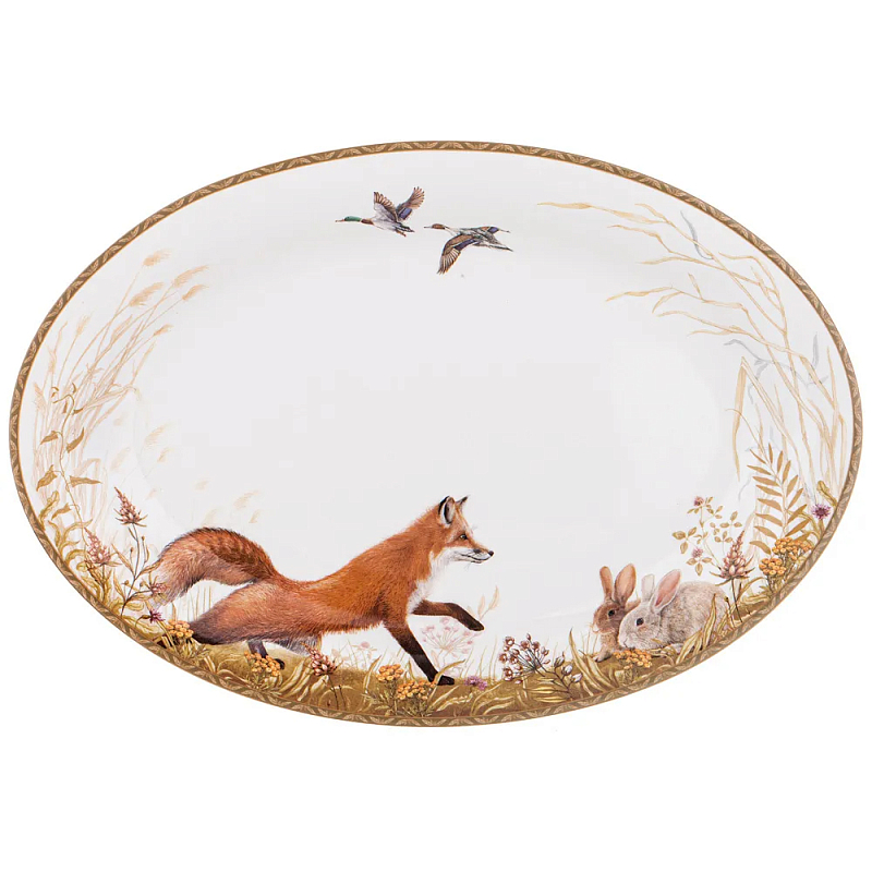 Блюдо овальное из фарфора с изображением животных Hunting Porcelain Collection Белый Мульти в Екатеринбурге | Loft Concept 