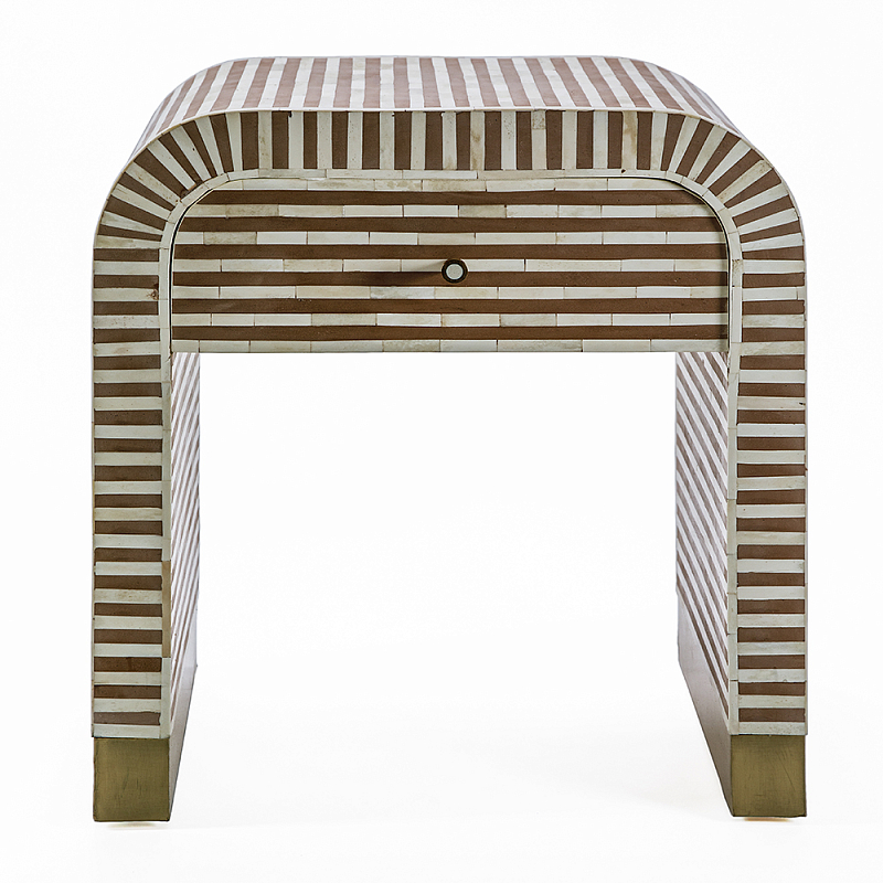 Тумбочка прикроватная с ящиком Tofino Stripes Bone Inlay Bedside Beige ivory ( слоновая кость ) Коричневый Золотой в Екатеринбурге | Loft Concept 