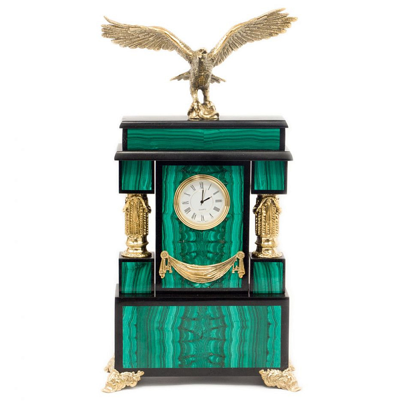 Часы настольные из натурального камня Малахит с декором в виде орла Eagle Stone Clock Малахит Золотой Черный в Екатеринбурге | Loft Concept 