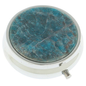 Таблетница карманная круглая с 3-мя отделениями и накладкой из натурального камня Апатит Голубой Silver Stone Pillboxes