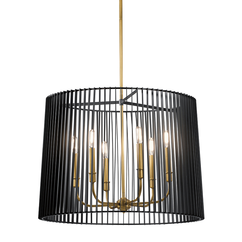 Люстра цвета латунь с 6-ю лампами свечами внутри цилиндрического абажура из черных металлических реек Kichler Латунь Черный в Екатеринбурге | Loft Concept 