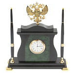 Часы настольные с Гербом России и 2-мя шариковыми ручками в комплекте Stone Clock варинант исполнения - 1 | Loft Concept в Екатеринбурге