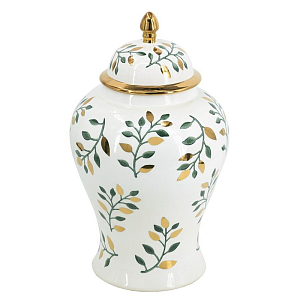 Ваза белая с крышкой с рисунком зеленых и золотых листьев 48 см Chinoiserie Ceramics