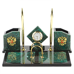 Настольный письменный набор из змеевика с часами и гербом Successful Leader варинант исполнения - 1 | Loft Concept в Екатеринбурге