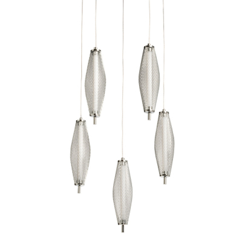 Люстра круглая каскадня с 5-ю плафонами из металлической сетки Mesh Lampshade Lighting Хром в Екатеринбурге | Loft Concept 