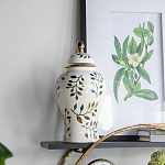 Ваза белая с крышкой с рисунком зеленых и золотых листьев 40 см Chinoiserie Ceramics варинант исполнения - 4 | Loft Concept в Екатеринбурге