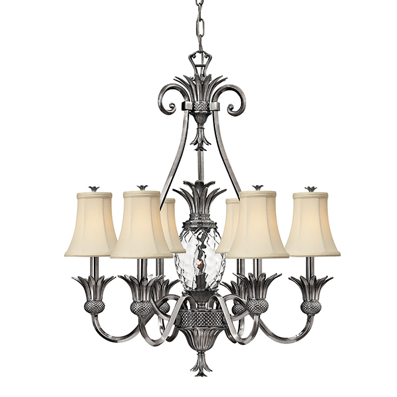 Люстра с 7-ю кремовыми текстильными абажурами Hinkley Никель Белый Бежевый Прозрачное Стекло Бронза в Екатеринбурге | Loft Concept 