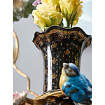 Ваза черная фарфоровая с  узором и бронзовым декором в виде веток с фарфоровой птичкой и цветами Eden Garden варинант исполнения - 4 | Loft Concept в Екатеринбурге