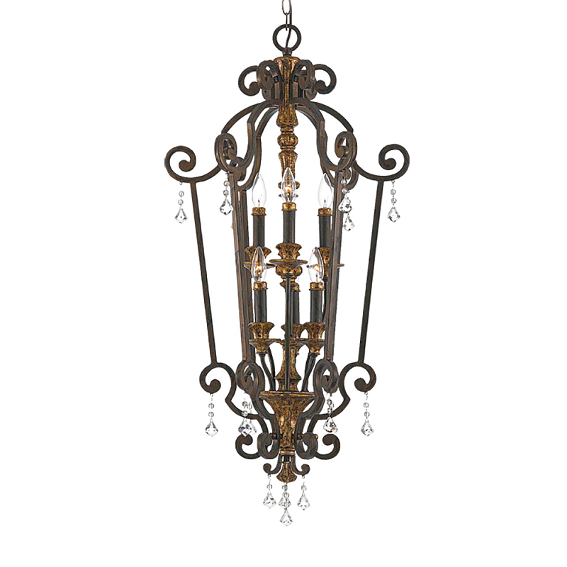 Люстра бронзового цвета с 6-ю лампами и стеклянными подвесками в классическом стиле Quoizel Бронза Прозрачное Стекло Золотой в Екатеринбурге | Loft Concept 