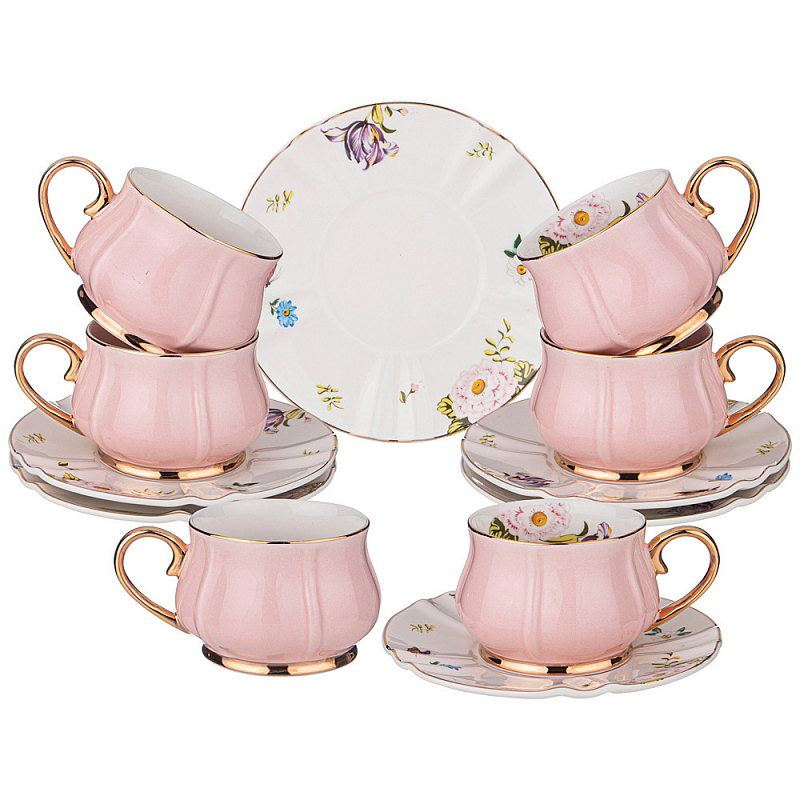 Чайный набор из фарфора на 6 персон 12 предметов Tea Porcelain Set Белый Золотой Розовый в Екатеринбурге | Loft Concept 