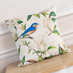 Декоративная подушка бежевая с изображением птица в саду Blooming Blue Birds варинант исполнения - 2 | Loft Concept в Екатеринбурге