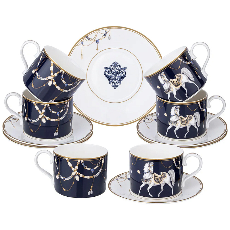 Чайный набор из фарфора с изображением лошадей на 6 персон 12 предметов Porcelain Horse Set Белый Синий в Екатеринбурге | Loft Concept 