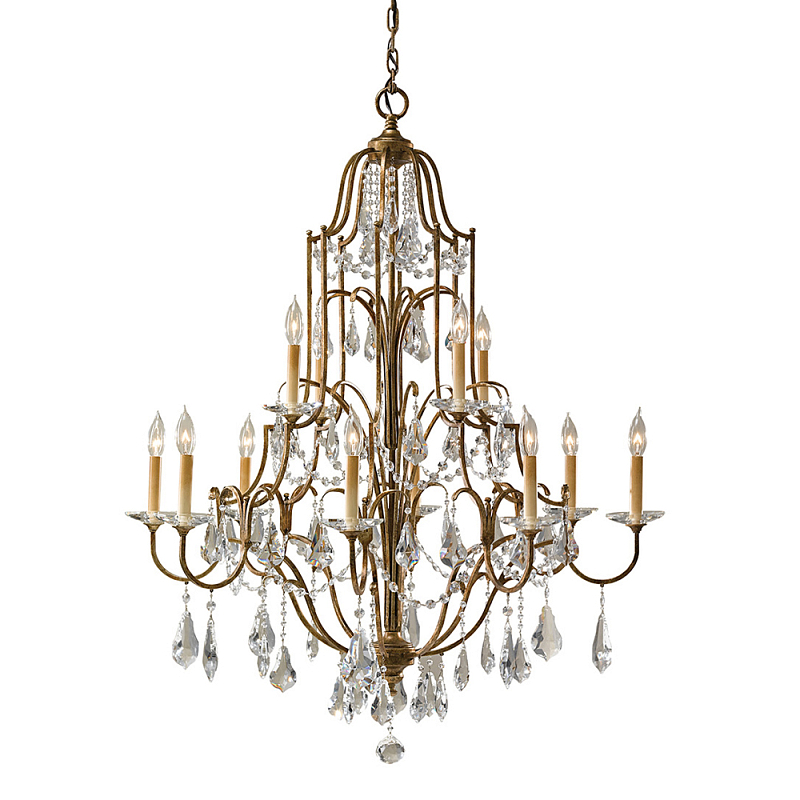 Люстра многоярусная с 12-ю лампами и стеклянными подвесками в классическом стиле Feiss Бронза Прозрачное Стекло в Екатеринбурге | Loft Concept 