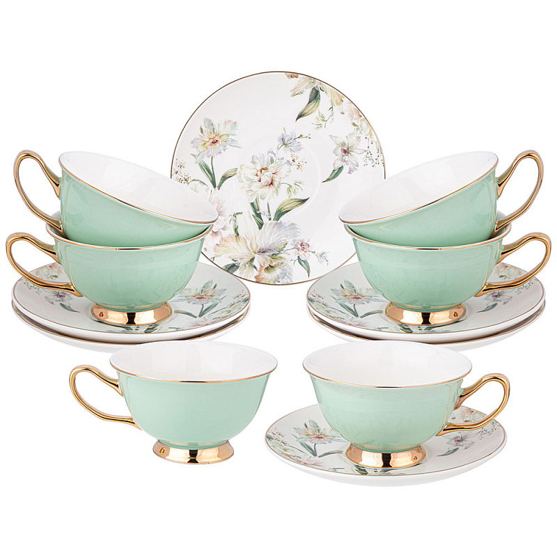 Чайный набор из фарфора на 6 персон Tea Porcelain Set Белый Золотой Зеленый в Екатеринбурге | Loft Concept 