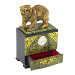 Часы настольные с декором в виде медведя и выдвижным ящиком из натурального камня Змеевик Bear Stone Clock варинант исполнения - 3 | Loft Concept в Екатеринбурге