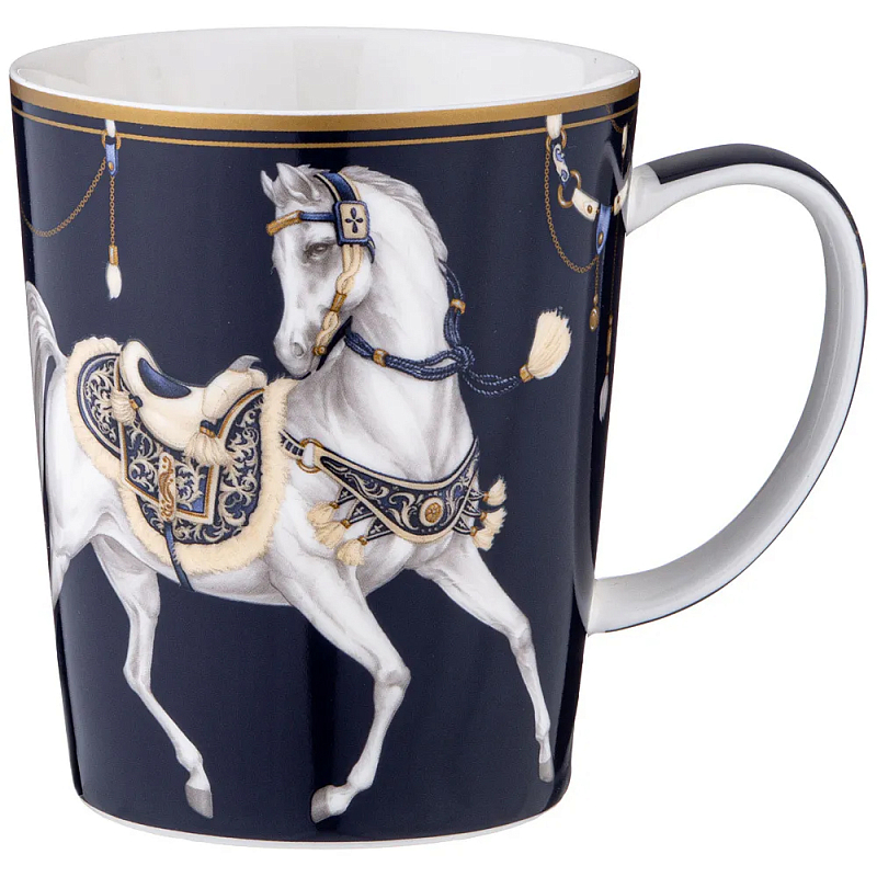 Кружка из фарфора синяя с изображением лошади 400 мл Porcelain Horse Set Белый Синий Золотой в Екатеринбурге | Loft Concept 